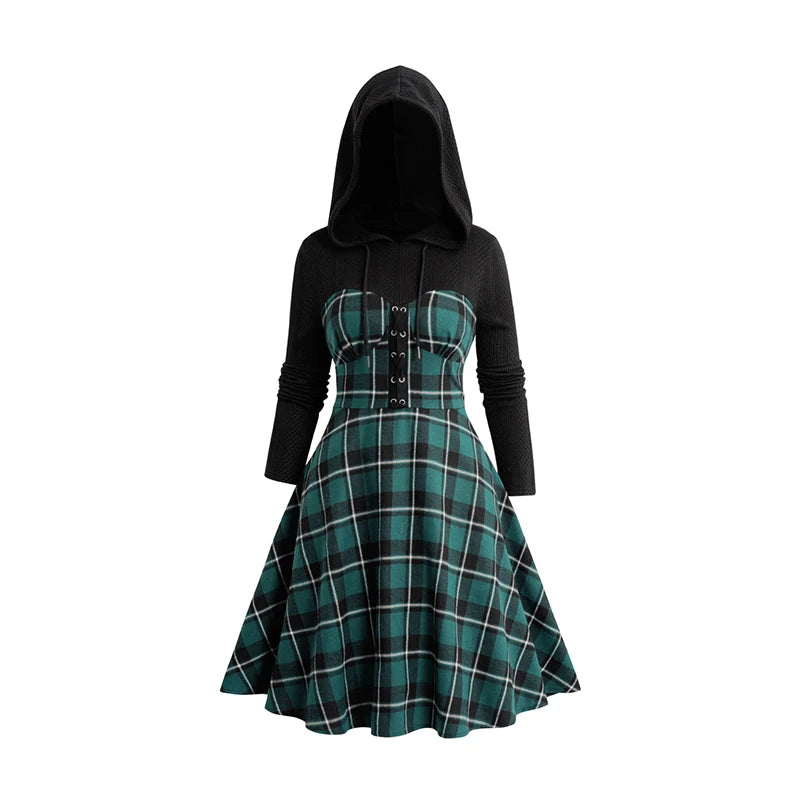 Dressfo 2024 Womens Christmas Dress Plaid Print Drawstring Grommet Buckle Textured Colorblock Hooded Long Sleeve Dress
