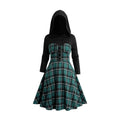 Dressfo 2024 Womens Christmas Dress Plaid Print Drawstring Grommet Buckle Textured Colorblock Hooded Long Sleeve Dress