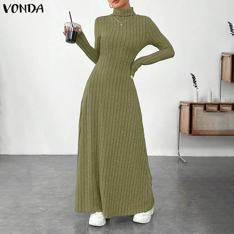 VONDA Women Turtleneck Sweater Dresses Autumn Long Sleeve Knitted Maxi Vestidos Elegant Office Streetwear Solid Party Robe Femme