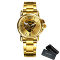 WINNER Fashion Skeleton Watch for Women Elegant Luxury Brand Automatic Mechanical Ladies Watches Gold Stainless Steel Strap 2023