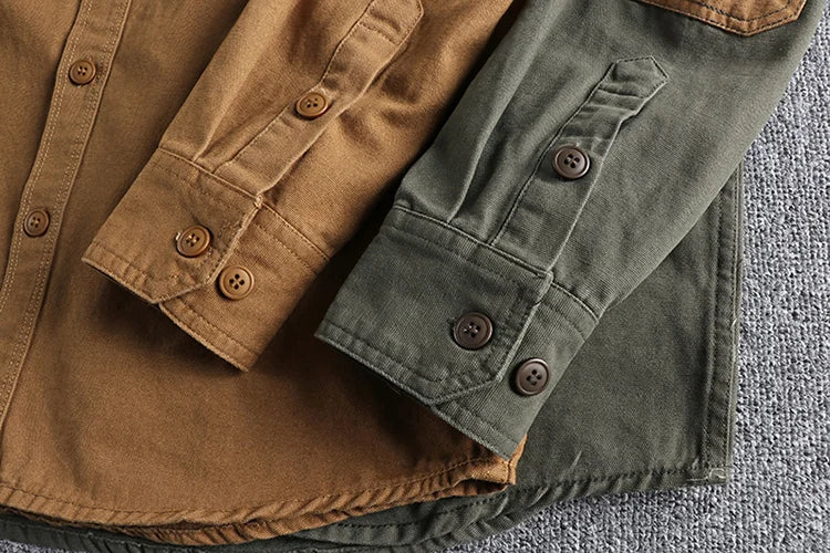 Sleeve patch washed grain woven cotton long sleeve shirt Men's daily tooling retro trend youth thin coat