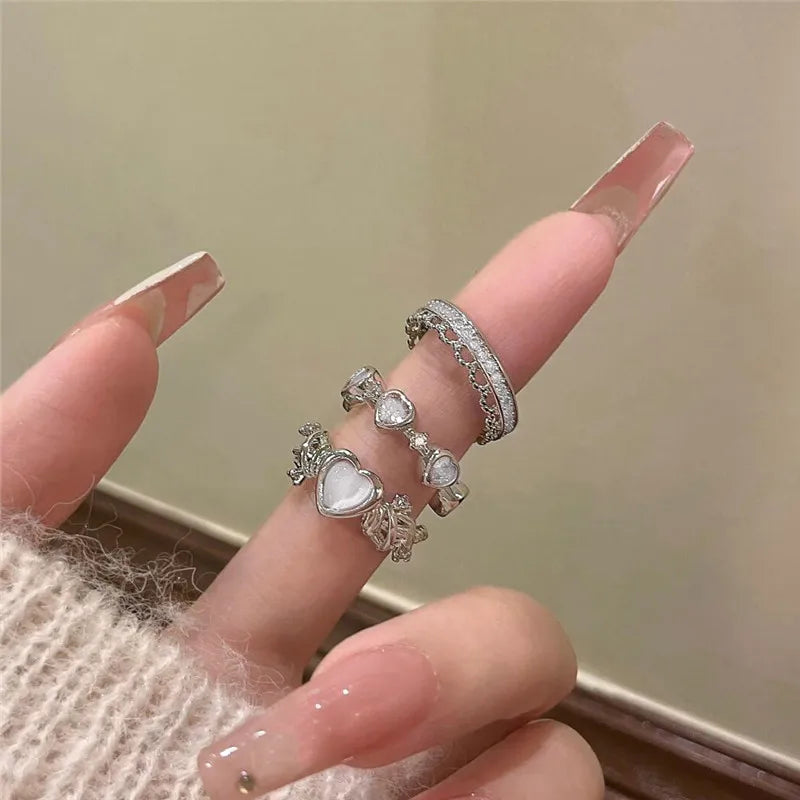 Kpop Retro Gothic Silver Color Heart Metal Ring For Women Girls Vintage Y2k Crystal Open Rings Punk Geometry Rings Party Jewelry
