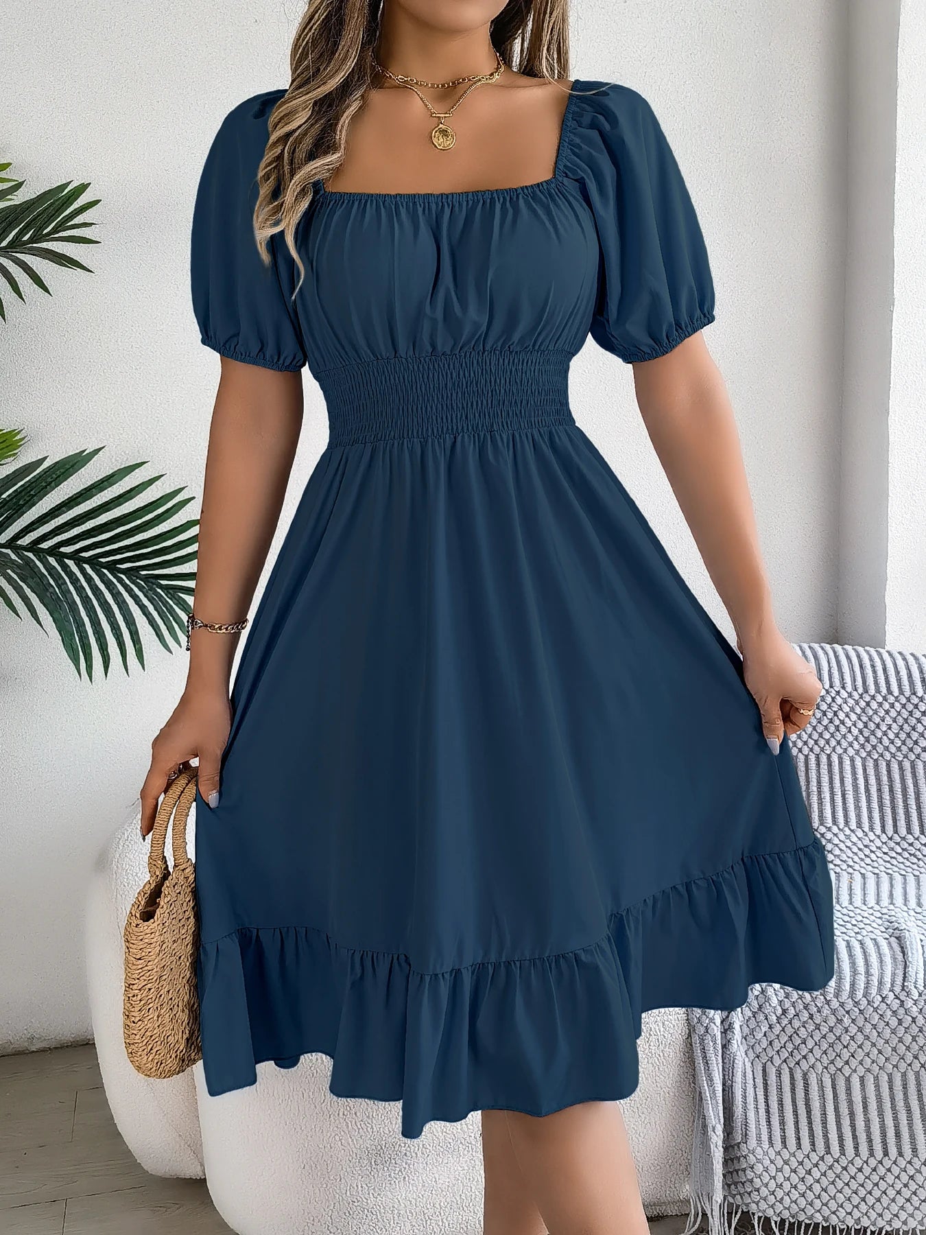 Spring Summer Elegant High Waisted Dress Square Neck Short Sleeved Ruffled Edge Long Dresses for Women 2026 Valentine's Day