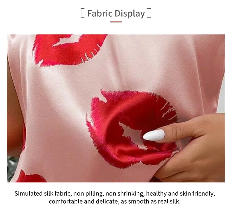 Women's Cute Heart Print Satin Pajama Set - V Neck Cami Top and Elastic Shorts for Comfortable Sleep and Lounging Homewear