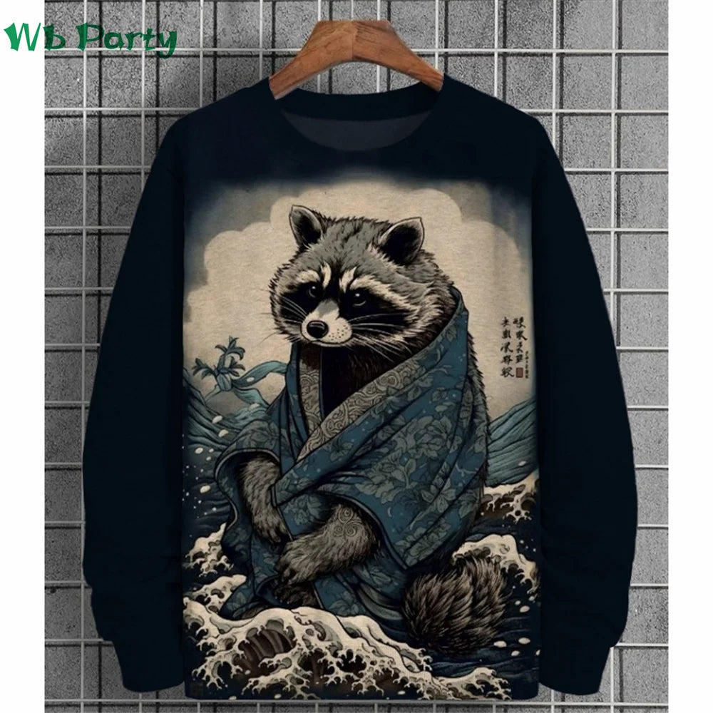 Fashion Animal Print Men's Clothing 3D Print Ukiyo-E Men's Long Sleeve T-shirt Animal Graphic T shirts Round Neck Mens Clothes