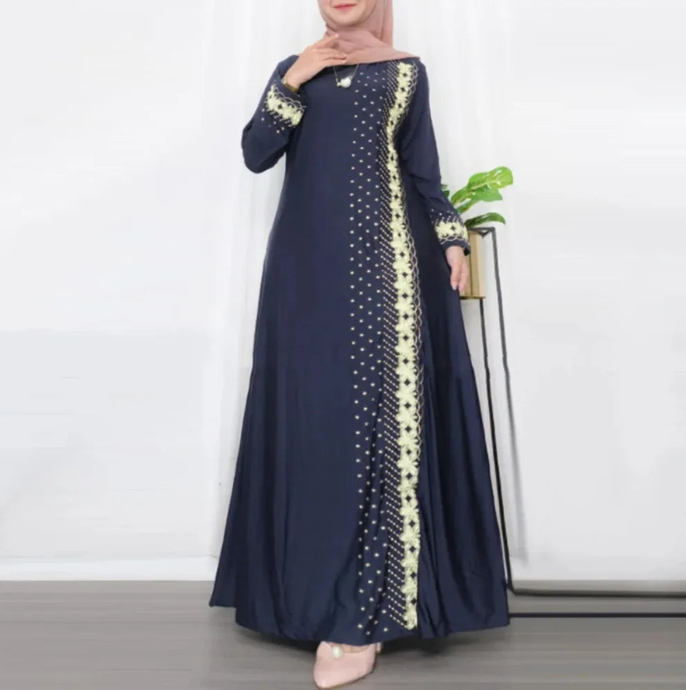 Elegant Muslim Long Sleeve Loose Dress Southeast Asia Positioning Print Fashionable 2025 New Style Elegant Midi Dress