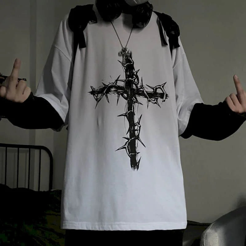 T-shirt for Men Summer Cross of Thorns Suitcase Men's T-shirts Long-sleeved Dark Hip-hop Men's oversize t-shirt Y2k T Shirt Tops