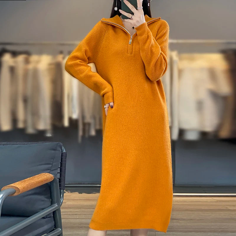 Thick Zipper Mock Neck Chic Elegant Soft Warm Striped Basic Comfort Women's  One-piece Dress 100% Merino Wool Exquisite Sweater