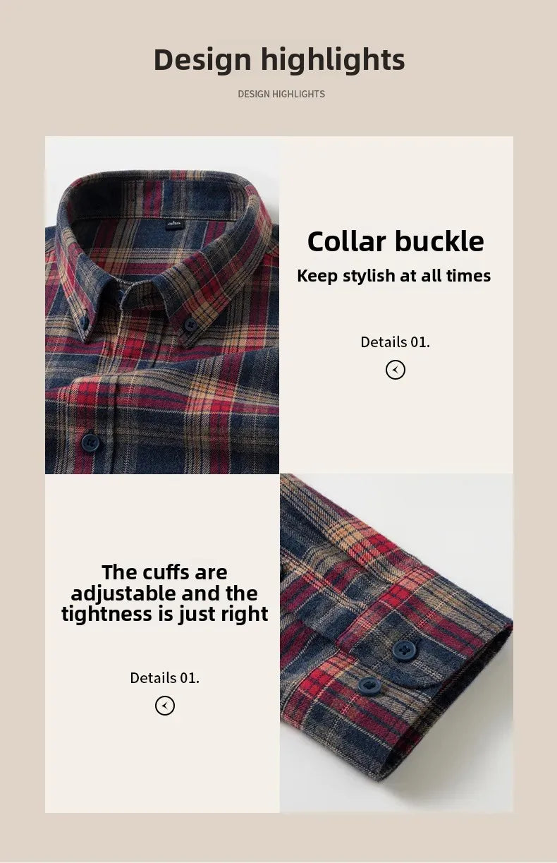 Pure Cotton Flannel Plaid Long Sleeve Casual Shirt for Men Spring Autumn New Style Retro Cross-Border Checkered Shirt
