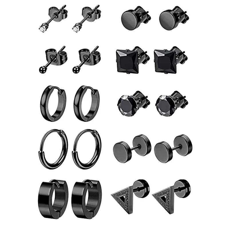 Punk Black stainless steel earrings men's small ball earrings cartilage earring endless earrings black men's and women's set