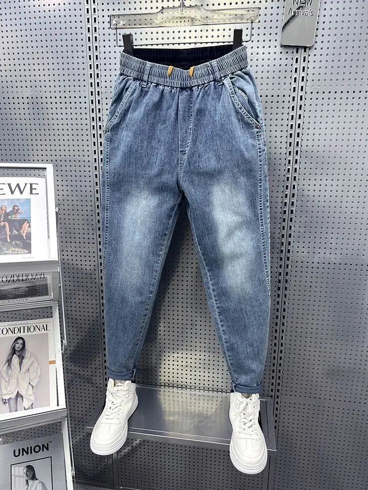 New Men's Loose Harem Jeans Elastic Waistband Slim Straight Leg Pants for Spring Autumn Low Rise Bottom Person Denim Trousers