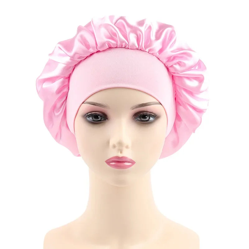 Women's Satin Solid Elastic Wide-brimmed Sleeping Hat Unisex Head Wrap Elastic Band Cap Hair Care Bonnet Night Hat bonnet