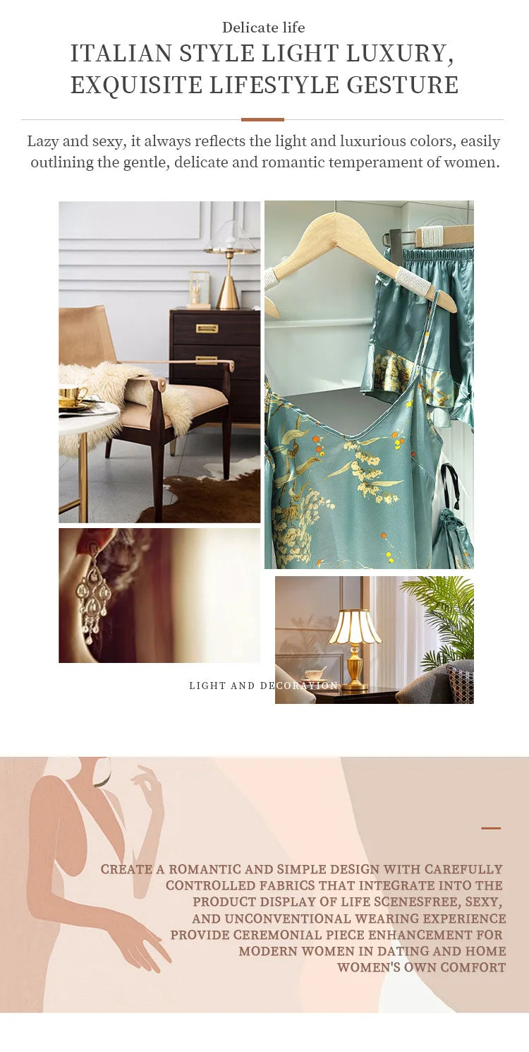 Women's Cherry Print Loungewear 5-Piece Set - Lightweight Robe, Camisole, Shorts & Dress (Minimalist Homewear Collection)