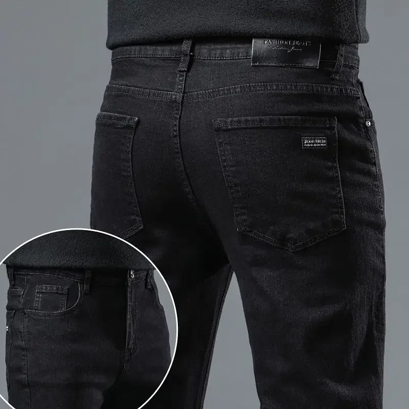 Amekaji Men Fashion  Slim Fit Jeans Male Elasticity Smart Casual Mid Classics Straight Denim Pants Wedding Party Black Trousers