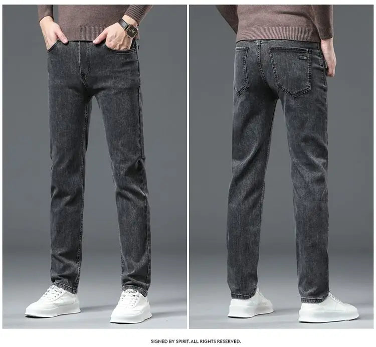 Amekaji Men Fashion  Slim Fit Jeans Male Elasticity Smart Casual Mid Classics Straight Denim Pants Wedding Party Black Trousers