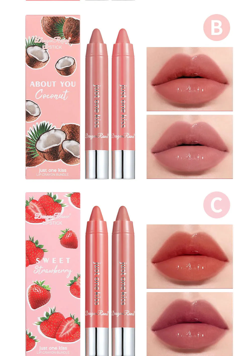 Dragon Ranee 2pcs/set Moisturising Crayon Lipstick Pencil Long Lasting Moisturising Lip Liner Solid Fruit Lip Nectar