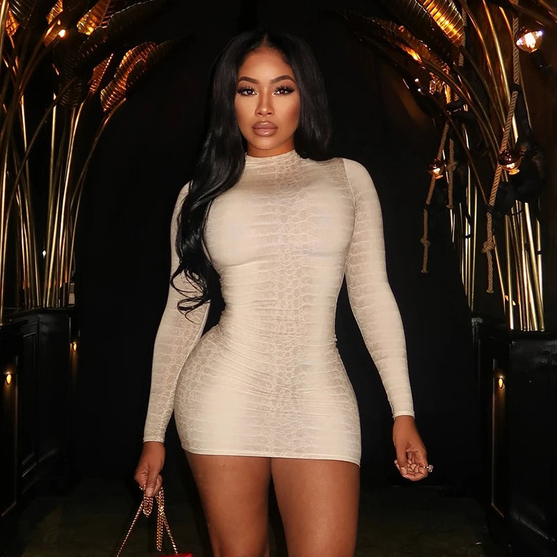 CUTENOVA Fall New Arrival Hottie Girl Long-Sleeve Fitted Snake Print Stand Collar Bodycon Mini Dress Elegant Stylish Streetwear