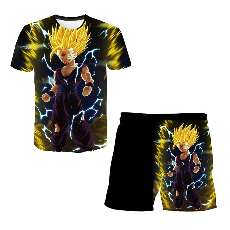 Japanese cartoon Dragon Ball Z T-shirt children's top T-shirt shorts two-piece set for summer boys T-shirt+shorts beach pants