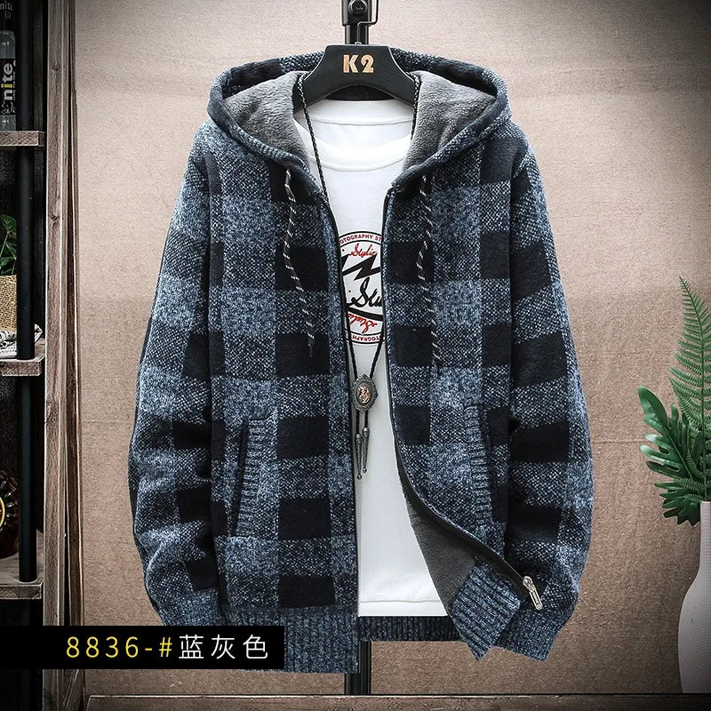 Men's Hooded Thickened Fleece Knitwear Casual Outerwear Winter Warm Plaid Cardigan Coat Large Size Comfortable Street Style