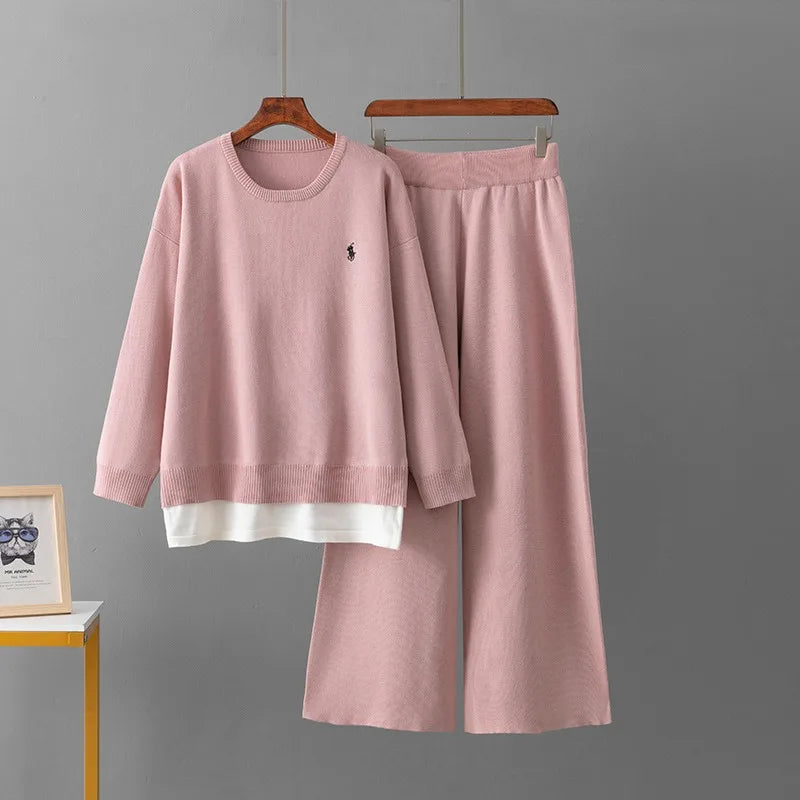 Spring Autumn Women Fashion Casual Suit New  Version Round Neck Loose Fake Two-piece Sweater Wide-leg Pants Two-piece Set