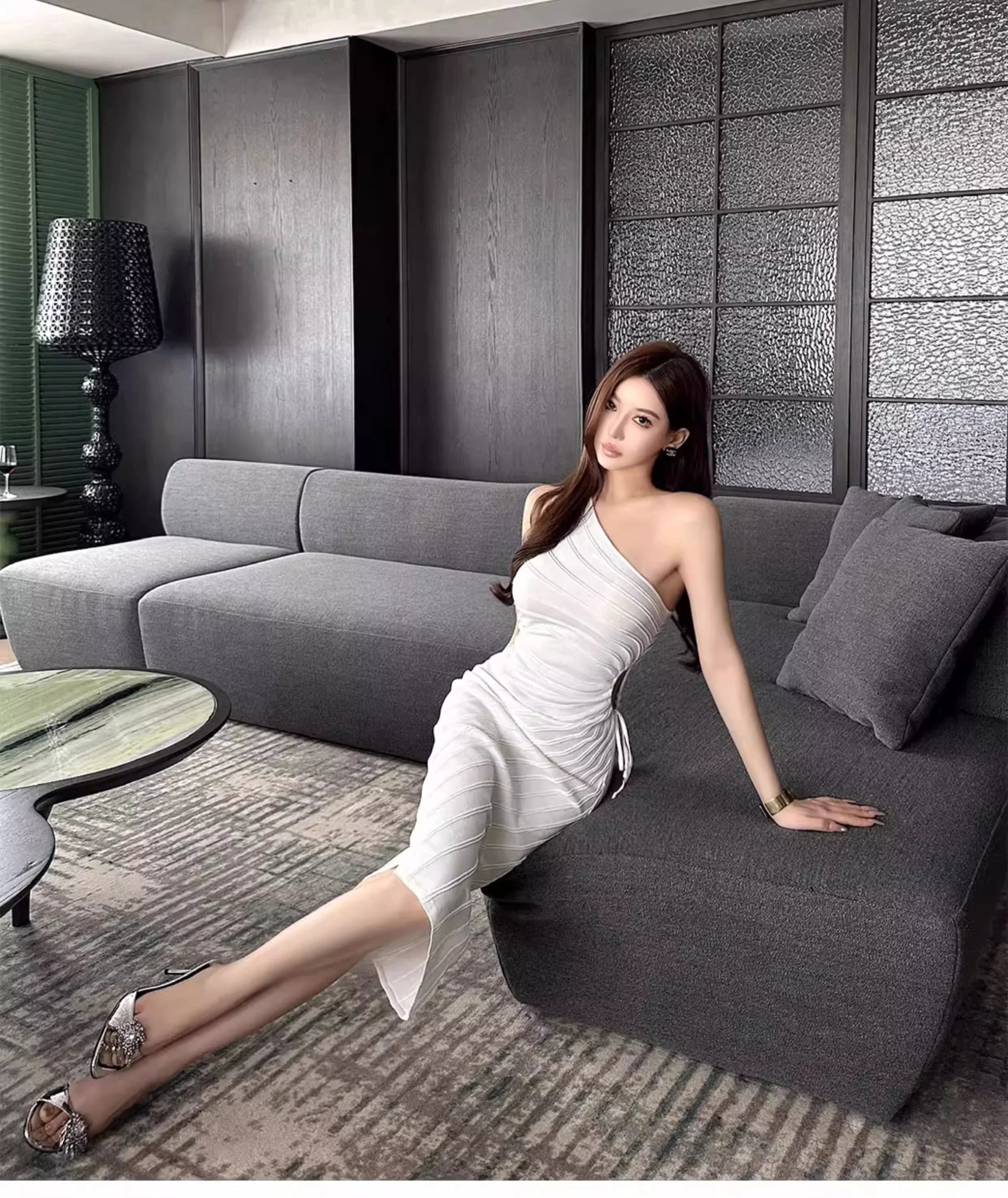 Women Elastic Summer Simple Party Dresses Sexy Irregular One Shoulder Stripe Sheath Pencil Dress