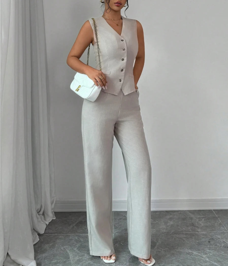 Spring Summer New Women Suit Two Piece Set Retro V Neck Single Breasted Waist Vest Wide Leg Pants Casual Commuter Outfit