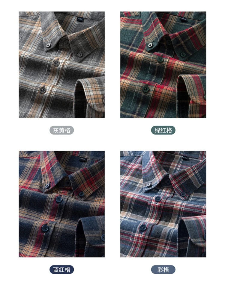100% Cotton Flannel Shirt Men's, Plaid Casual Jacket, Anti-Wrinkle, Multi-Color Gold Quality Long-Staple Cotton M-4XL