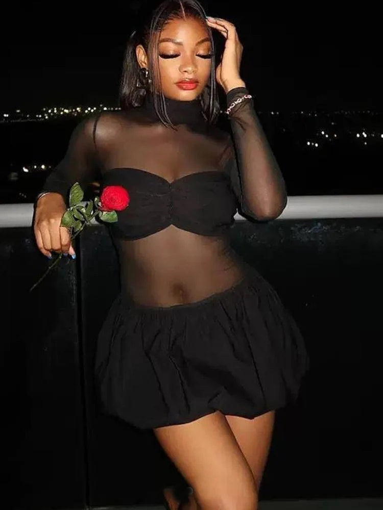 Beyprern Sexy Sheer Mesh Long Sleeve Mini Dress Y2K Women See Through Bodycon Short Skirt Stand Clubwear Party Outfit