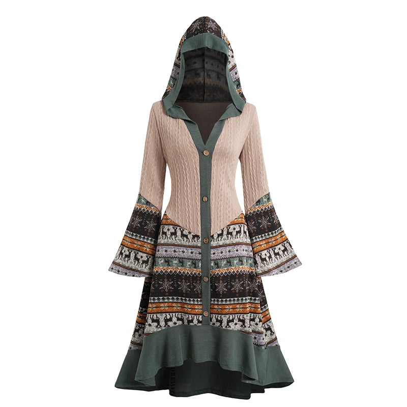 Dressfo Christmas Dress Elk Snowflake Tribal Pattern Knit High Low Flocking Liner Hooded Dress Button Up Flare Sleeve Midi Dress