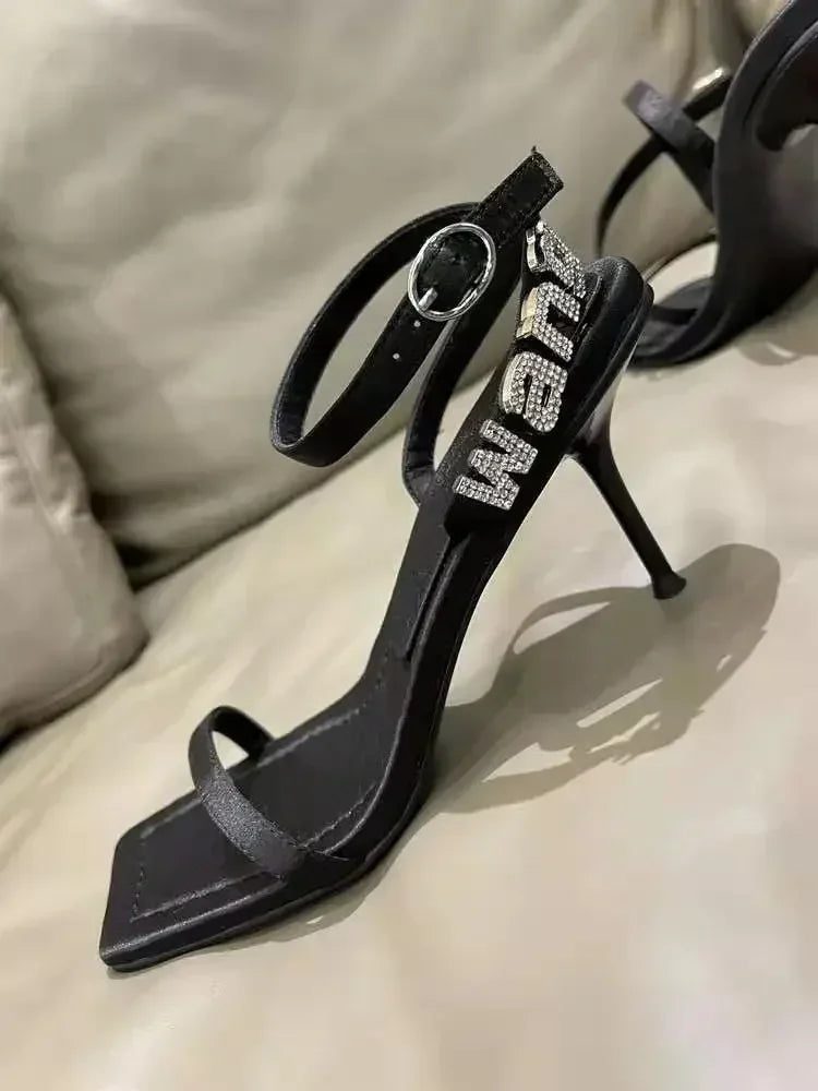 2025 Style Square Toe Women Sandals Crystal Letters Decorative Women High Heels Sexy Shoes Women's Banquet Wedding Shoes Women