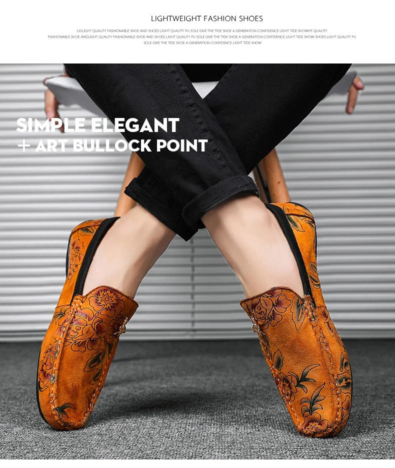 Luxury Brand Yellow Men Casual Shoes Fashion Flower Print Loafers Men Designer Flat Shoes Comfortable Slip-on Male Driving Shoes