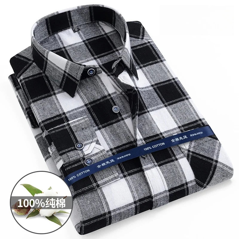 Plaid Flannel Shirts For Men Long Sleeve 100%Cotton Fashion Casual Soft Standard-Fit Man Blouse Clothes Men's clothing 10XL 11XL