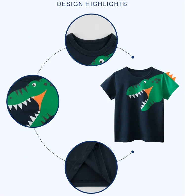 2024 Children 3D Cartoon Short T-Shirts Clothes for Boy 100% Cotton Short Sleeve Dinosaurs Cute Kids Casual Sport Top Tees
