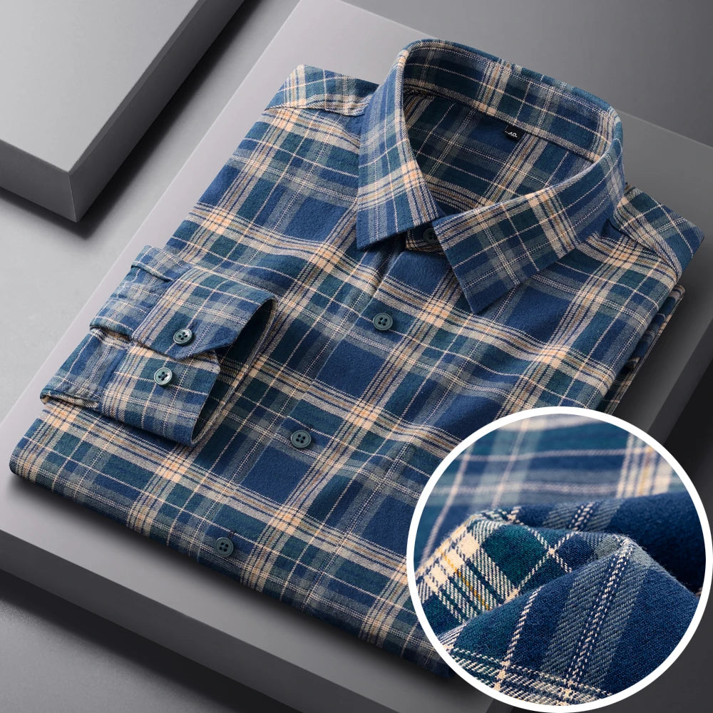 Vintage Men's Flannel Shirts with Pocket Long Sleeve Brushed Shirt for Men Warm Casual Soft Cotton 100% Button Down Plaid Shirt