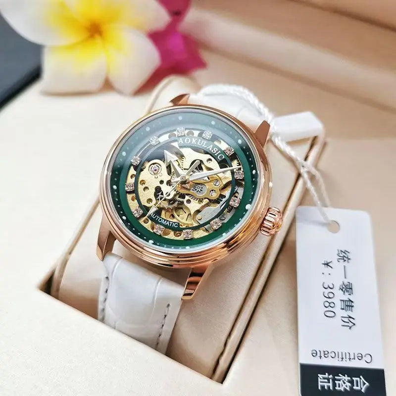 Augas Genuine Cut Out Diamond-Encrusted Fully Automatic Mechanical Watch for Women, Fashionable and Simple Luminous Waterproof Watch for Female Students, a Trendy for Her Best Gift, Without Battery