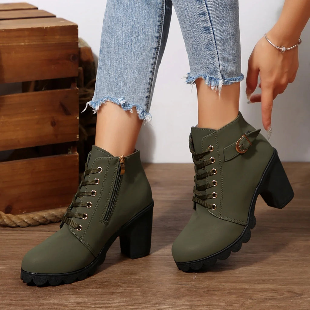 2025 Women High Heel Ankle Boots Autumn Lace Up Comfortable Short Boots Retro Fashion New Trend Lady Shoes Women Botas De Mujer