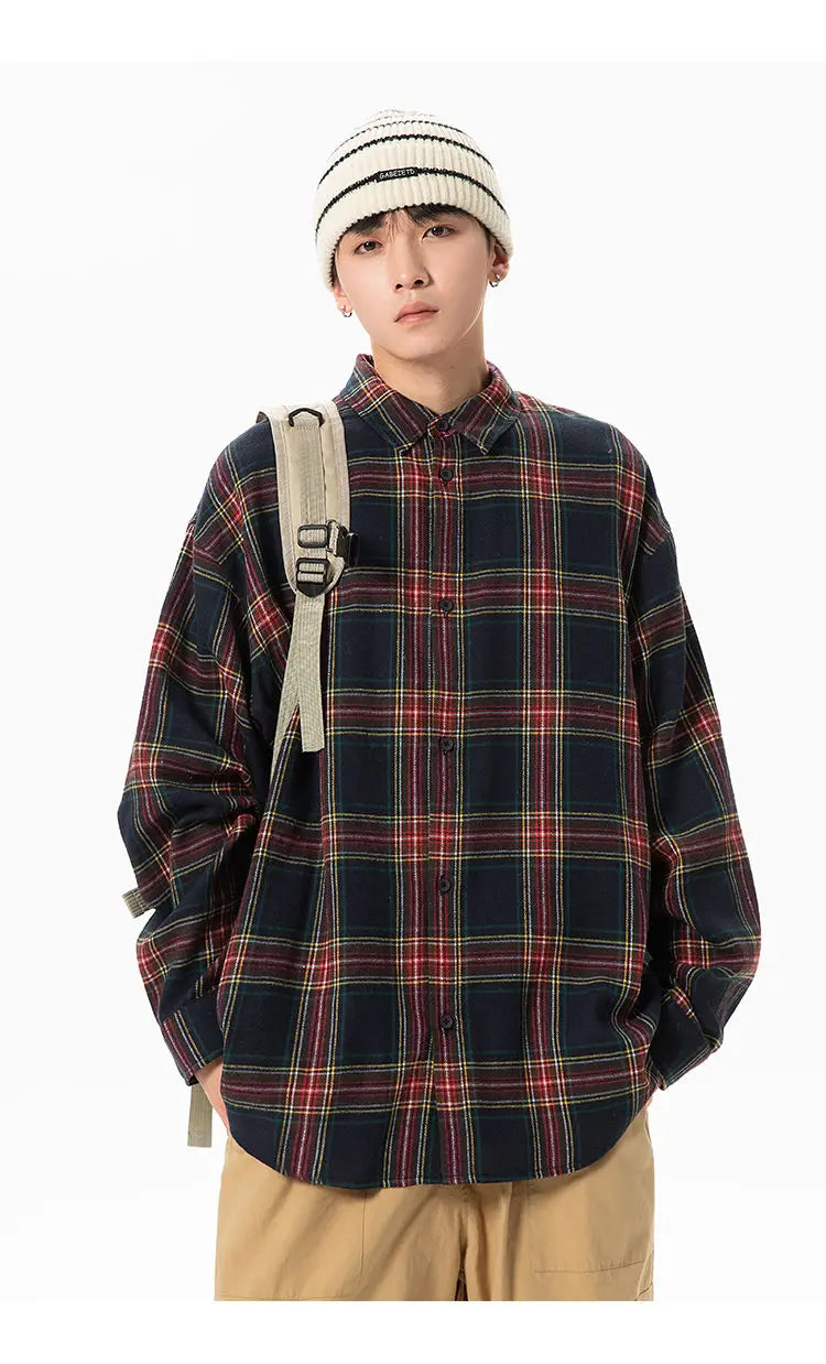 Plaid Shirt with Long Sleeves, Loose Fit, for Casual Men, Harajuku Style, Spring and Autumn Brushed Cotton Shirt.Oversized