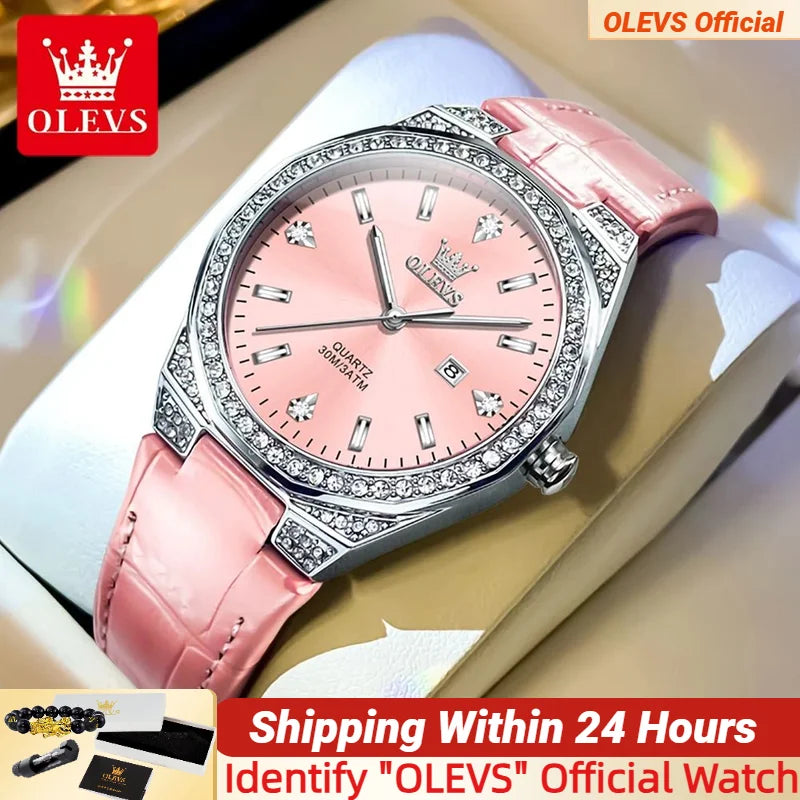 OLEVS NEW Women's Watches Pink Leather Strap Full Diamond New Style Date Waterproof Original Quartz Watch for Girl Fashion