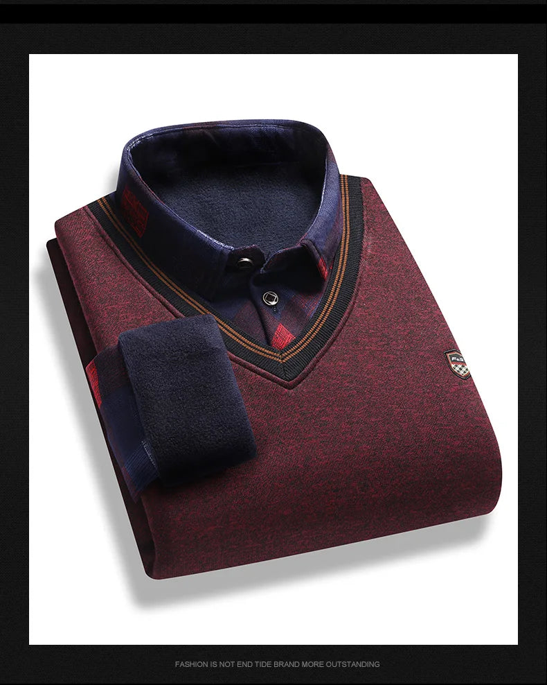 Vintage Plaid Sweater Pullover Men Thick Warm Knitwear Winter Autumn Clothing Patchwork Men's Fleeced Polo Collar Pullovers