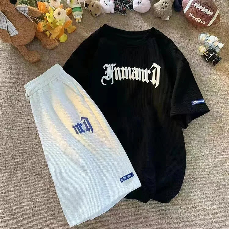 Cross-border Waffle Casual Summer Ice Silk Short-sleeved Sports Clothes Set Men's T-shirt Men's Clothing Set Matching