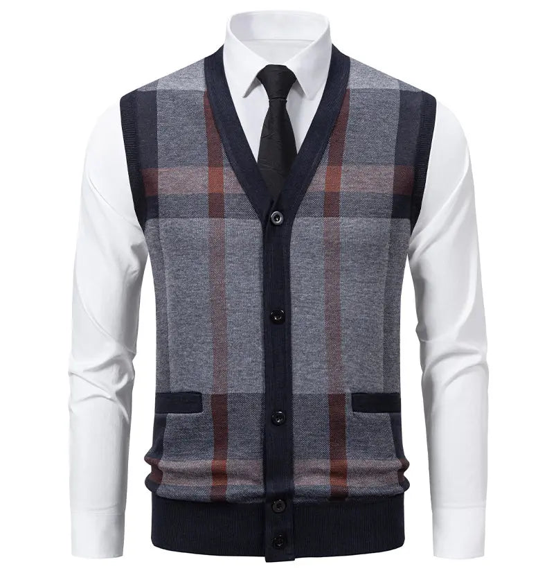 New Mens Fleece Knitted Vest Sleeveless Autumn Winter V Neck Sweater Vest Button Front Knit Cardigan Vest