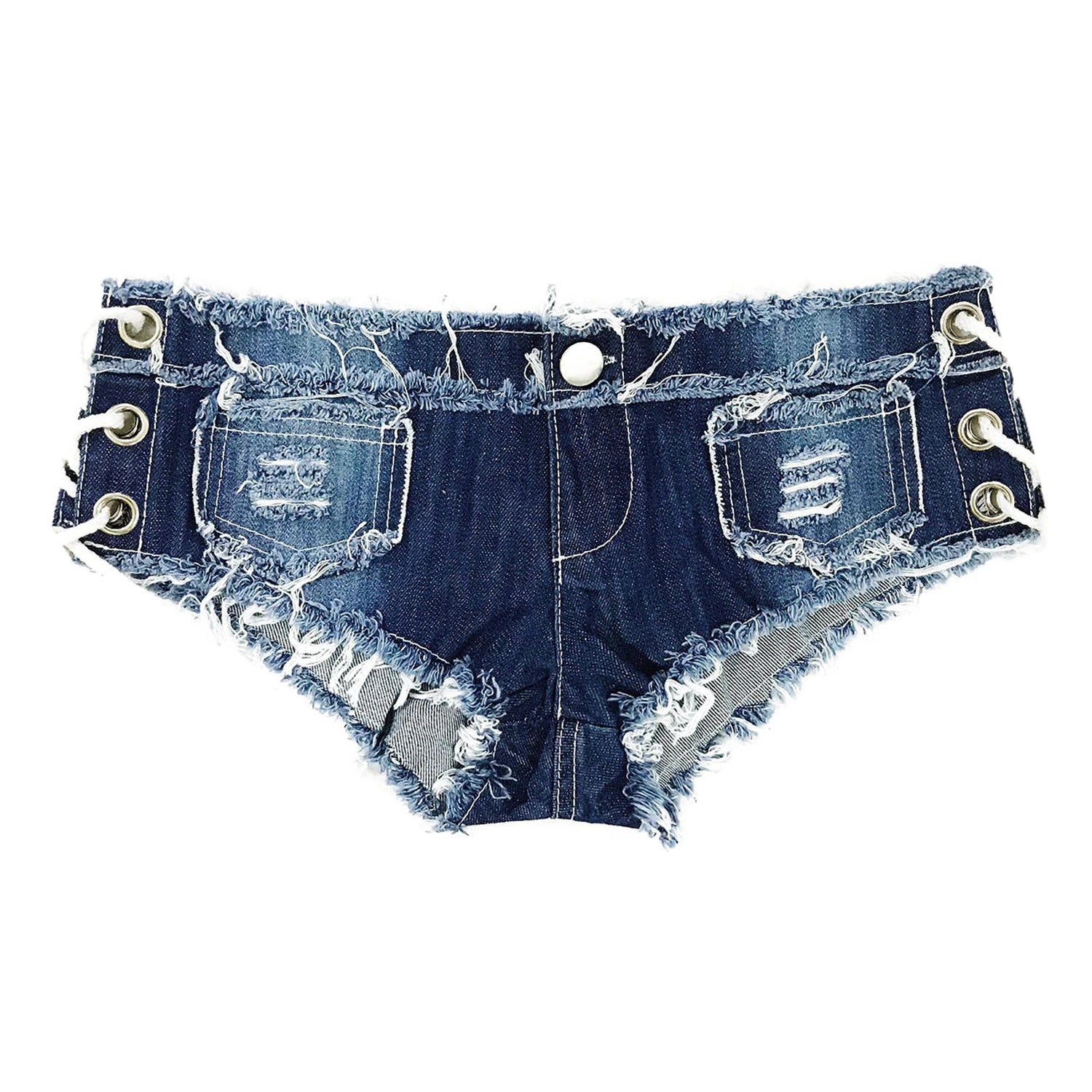616#New Sexy Low Waist Perforated Fun Strap Bar Night Club High Elastic Summer Fashion Denim Shorts Women's Jeans