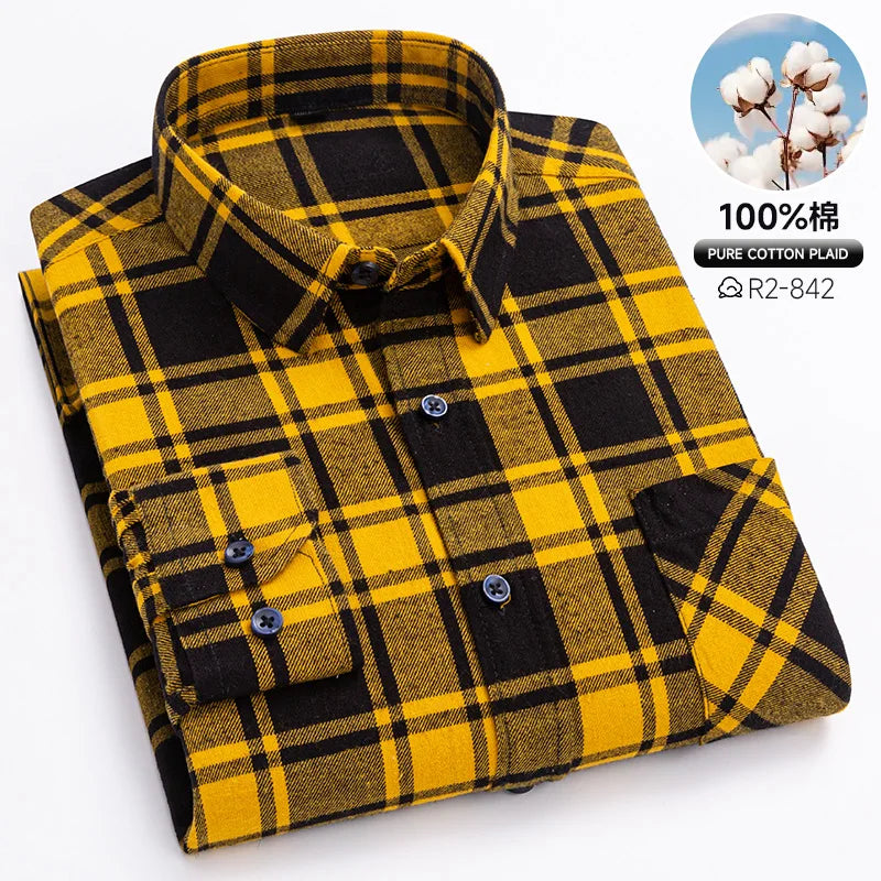 Pure Cotton Men's Plaid Shirts Long Sleeved Regular Fit Casual Office Fashion Shirts Leisure Autumn Male Check Blouses Plus Size