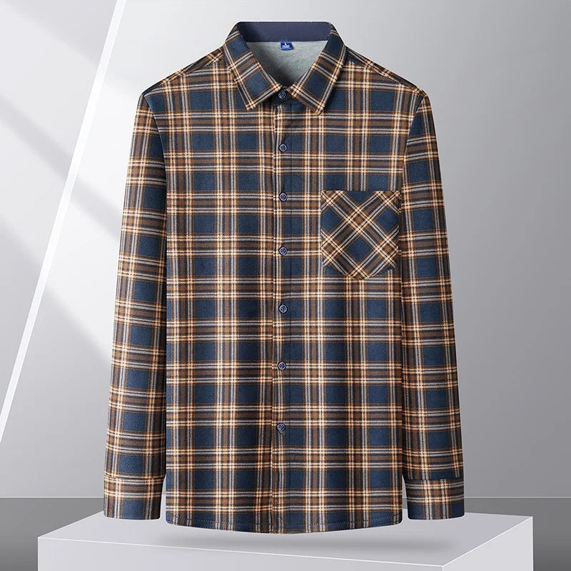 Men's Fleece Lined Thickened Long Sleeve Shirt Pocket Shirt