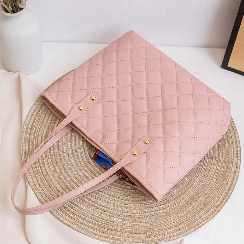 Embroidered Women's Handbag PU Leather Large Capacity Bucket Bag Fashion Beach Tote with Silk Scarf Gift Elegant Daily Use Purse