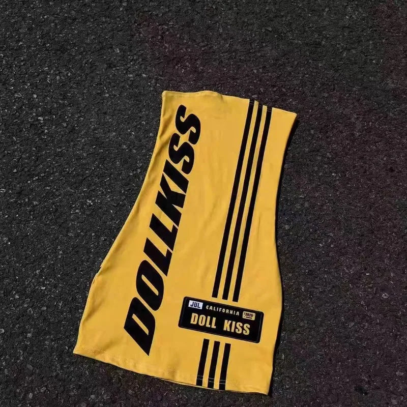 American Street Hottie Dress Subculture Letter Print Strapless Dresses Punk Harajuku Sexy Hip Wrap Dress Women Fashion Miniskirt