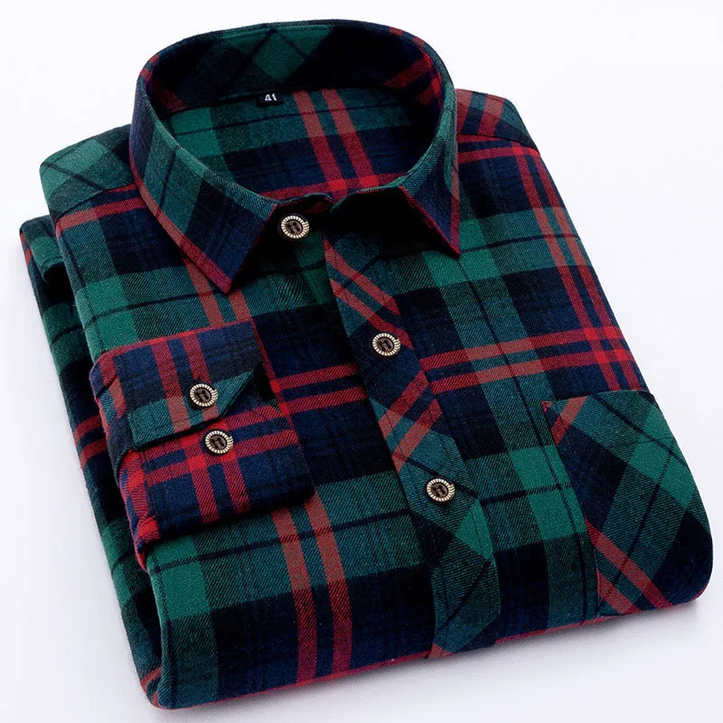 Plus Size M-5XL Men's Western Style Plaid Long Sleeve Shirt, Brushed Flannel Fabric, Loose Fit Casual Wear