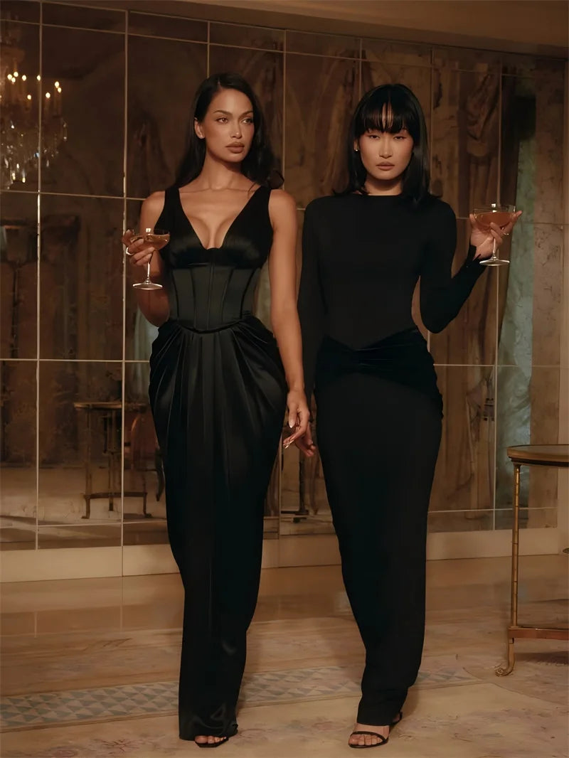 Mozision Long Sleeve High Waist Ruched Sexy Maxi Dress Women Gown Elegant Black Patchwork O Neck Bodycon Club Party Long Dress