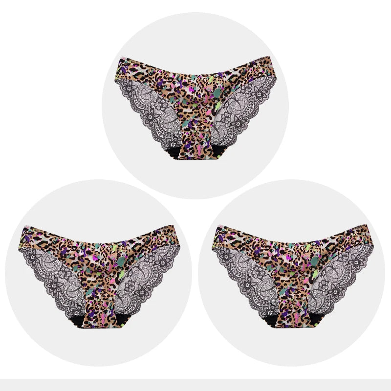 Women's Seamless Underwear Leopard Intimate Women Sexy Lace Black Floral Panties Seamless Panty 3pcs/set