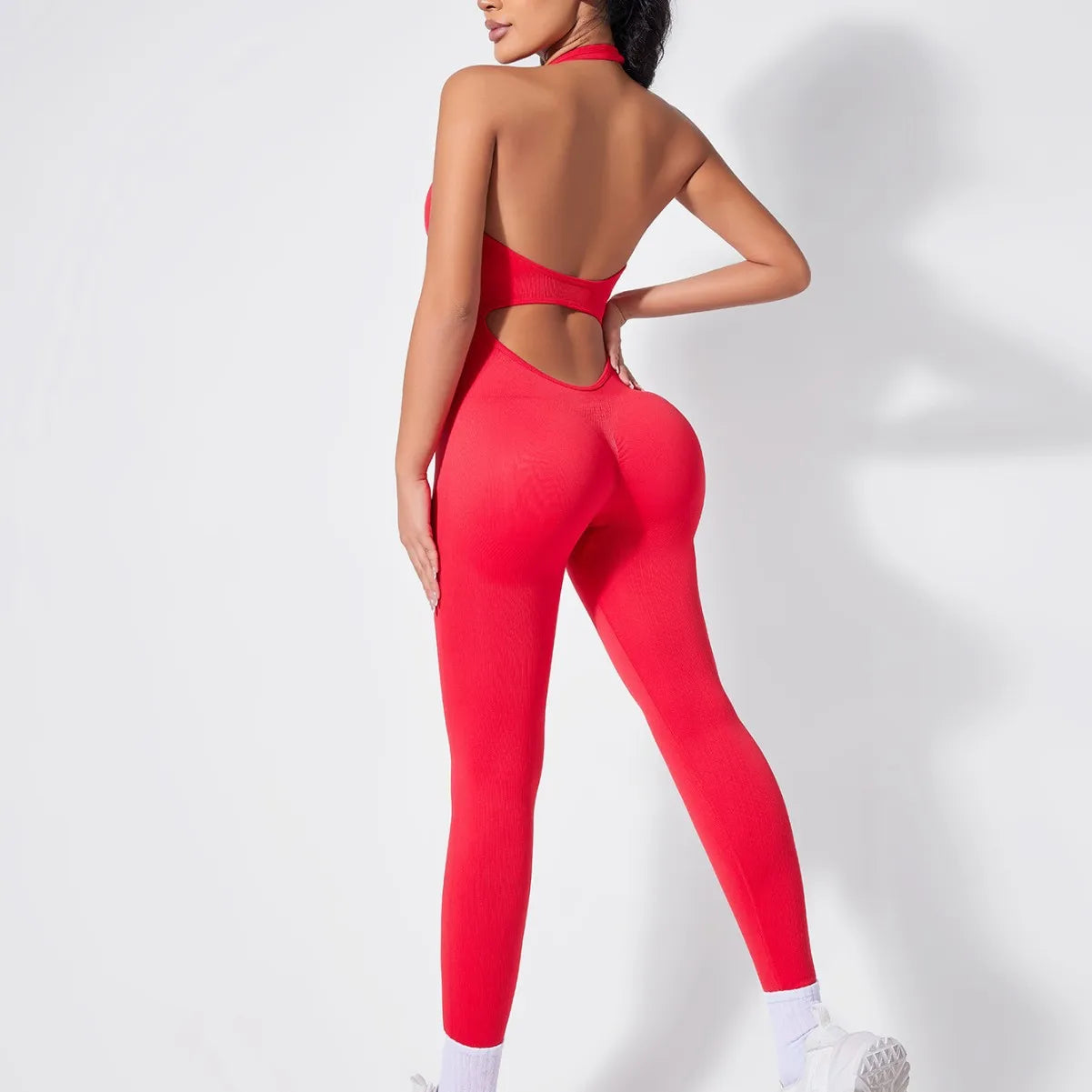 Square Neck Backless Yoga Jumpsuit High Waist Seamless Nudity Ultra Stretch Women Gym Sportswear Summer Rompers Ribbed Jumpsuit